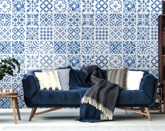 Watercolor pattern, blue and white tiles, ornament wallpaper, Removable Wallpaper, Self Adhesive, Peel and Stick, Wall Decor