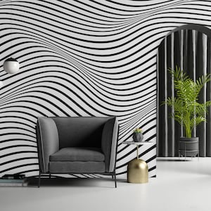 Carta da parati astratta in bianco e nero con onde, decorazione murale moderna, autoadesiva (stacca e incolla) o non autoadesiva (vinile/tradizionale)