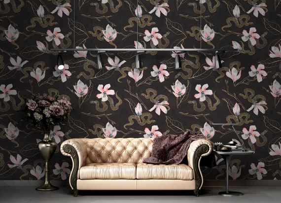 Dark Wallpaper With Watercolor Pink Flowers And Gold Linear Etsy etsy