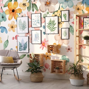 Watercolor floral wallpaper, Wall Mural, Self Adhesive (Peel and Stick) or Non Self Adhesive (Vinyl/Traditional)