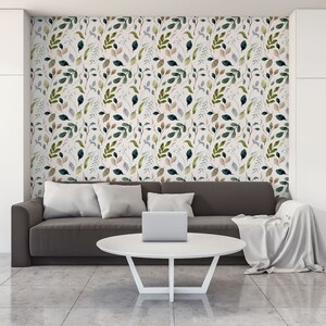 Watercolor leaves and branches wallpaper, Wall Mural, Removable Wallpaper, Self Adhesive, Peel and Stick, Wall Decor