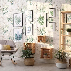 Hermoso papel tapiz verde claro mate con hojas de acuarela, mural de pared extraíble, autoadhesivo, con diseño floral. imagen 3