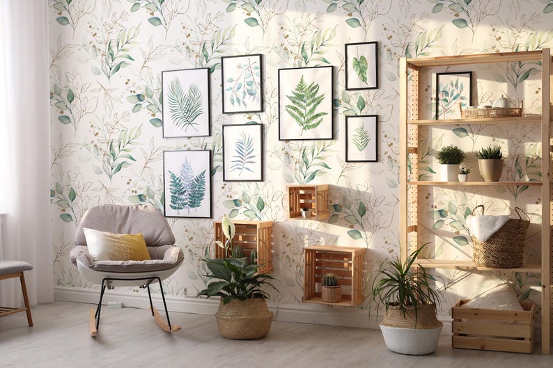 Hermoso papel tapiz verde claro mate con hojas de acuarela, mural de pared extraíble, autoadhesivo, con diseño floral. imagen 3