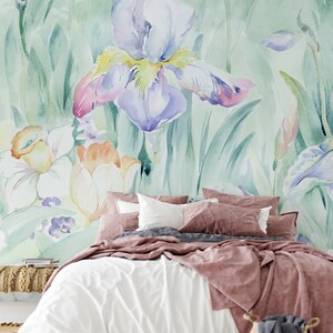 Fiori primaverili acquerello pastello chiaro, iris, tulipano, narciso, decorazione murale, carta da parati rimovibile, autoadesiva, stacca e incolla, decorazione da parete