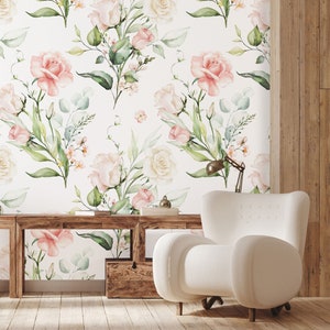 Watercolor floral wallpaper with pink flowers, green leaves & branches, Removable Wallpaper, Self Adhesive, Peel and Stick, Wall Decor