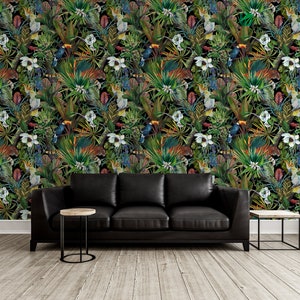 Exotic Wallpaper With Tropical Leaves and Flowers With Parrots and ...