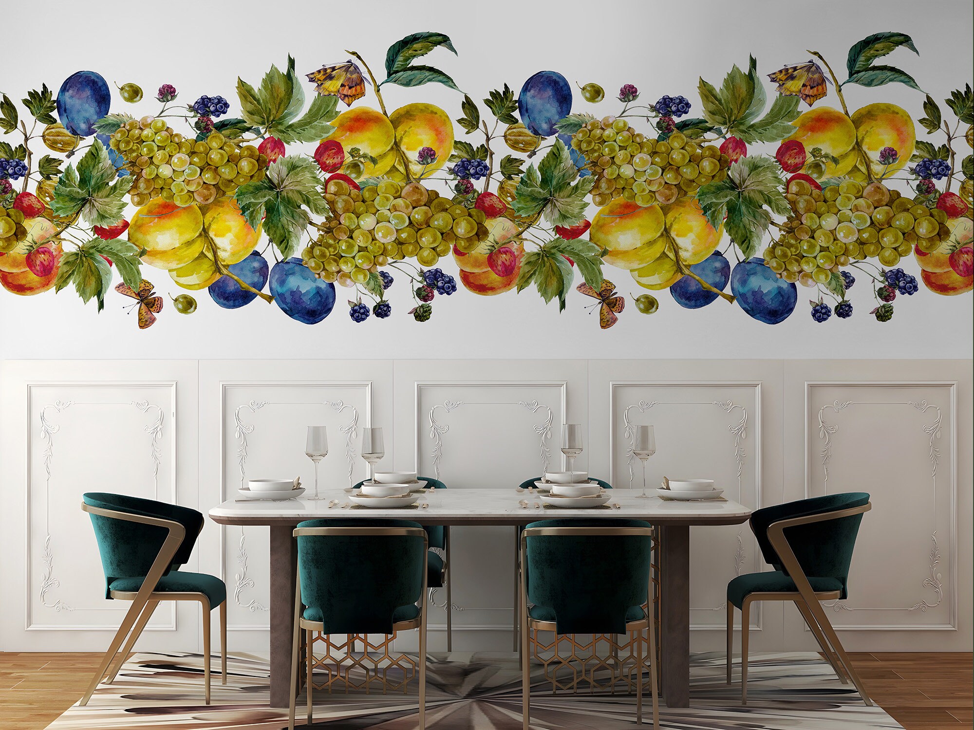 Autumn Watercolor Wallpaper With Fruit and Butterfly, Wall Mural, Self ...