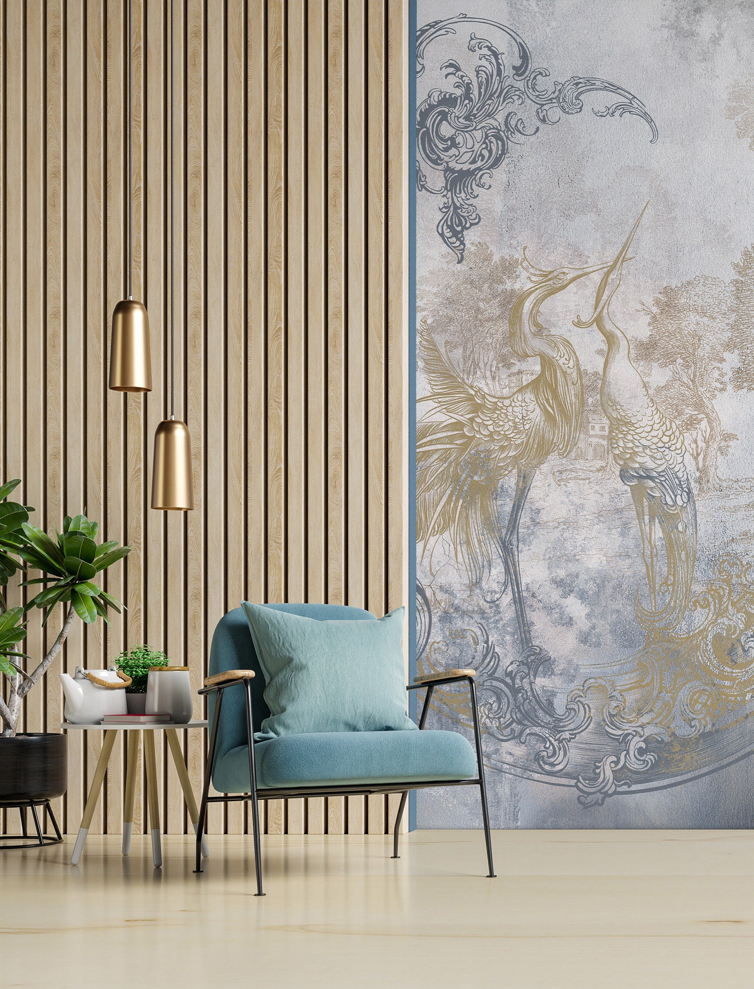 Modern Rococo Wallpaper, Birds, Concrete, Grunge, Wall Mural, Removable ...