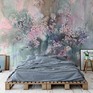 Watercolor pastel wallpaper with flowers, Wall Mural, Removable, Self Adhesive (Peel&Stick), Non Self Adhesive(Vinyl), Wall Decor