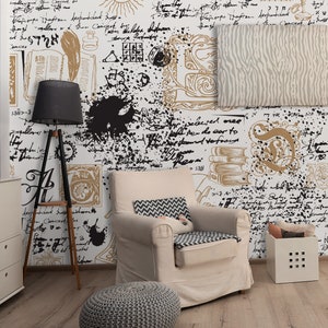 Abstrakte Tapete mit Schreibmaschine, Büchern, Briefen, handschriftlichen Notizen, abnehmbare Tapete, selbstklebend, abziehen und aufkleben, Wanddekoration