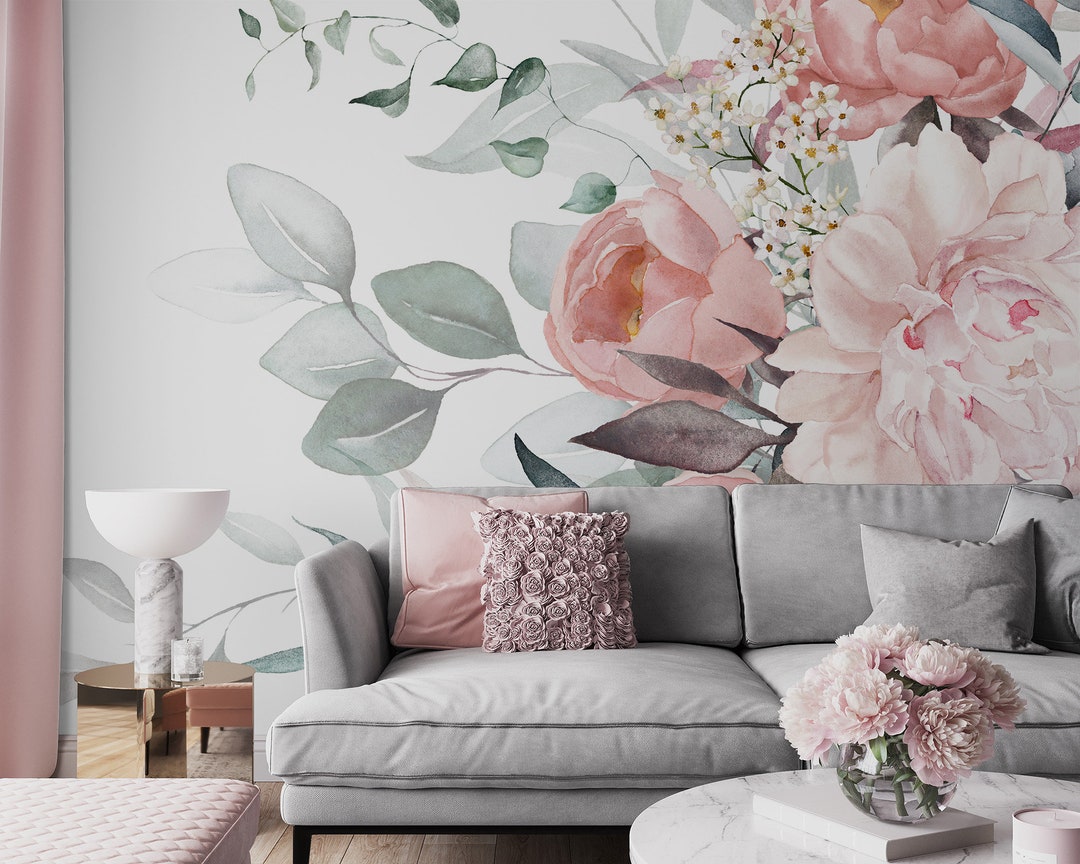 Watercolor Floral Wallpaper With Rose and Peony, Wall Mural, Self ...