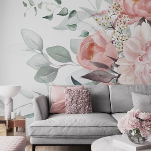 Watercolor floral wallpaper with rose and peony, Wall Mural, Self Adhesive (Peel and Stick) or Non Self Adhesive (Vinyl/Traditional)