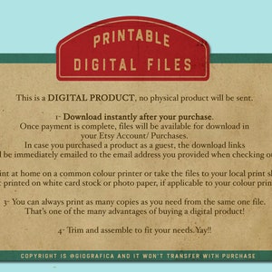 May include: A vintage-style digital product information card with a red and white banner that reads "PRINTABLE DIGITAL FILES." The card provides instructions for downloading and printing digital files purchased online.