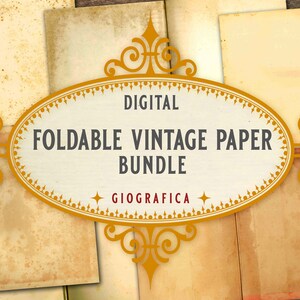 May include: A digital paper bundle with a vintage aesthetic. The image shows a collection of aged, yellowed paper textures with a decorative gold frame and the text "DIGITAL FOLDABLE VINTAGE PAPER BUNDLE GIOGRAFICA".