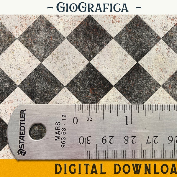 Black and Cream Checker Floor, Printable Dollhouse Floor 1/12, Diorama, Mosaic Digital, Grunge Floor, Miniature Wallpaper, Flooring Tiles