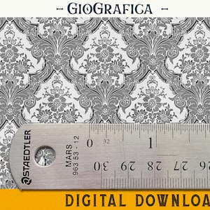 Grey Victorian Damask Wallpaper, DIGITAL DOWNLOAD, 1:12 Scale, Printable Wallpaper, Dollhouse Wallpaper, Gray Vintage Miniature Wallpaper