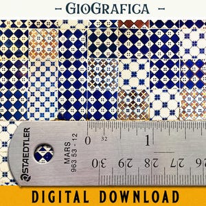 May include: A close-up of a blue and white patterned tile with a ruler measuring 5 cm. The tile is part of a larger pattern of blue and white tiles. The ruler is labelled "Staedtler Mars 963 53-12".