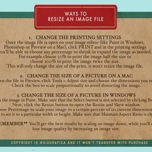 May include: A tan and teal informational graphic with the title "WAYS TO RESIZE AN IMAGE FILE" in a red banner. The text provides instructions on resizing images using printing settings, Mac Preview, and Windows Paint. Copyright information is at the bottom.