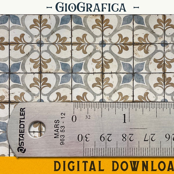 Blue and Gold Decor Tiles Liberty, Printable Dollhouse Floor 1/12, Diorama, Miniature Wallpaper, Provence Pattern, Romantic Flower Mosaic