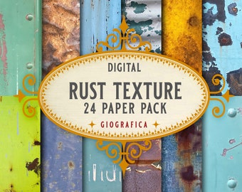 Puede incluir: Un paquete de papel digital con 24 texturas de óxido diferentes. Las texturas están en varios tonos de azul, verde, amarillo y marrón. El paquete se llama "Digital Rust Texture 24 Paper Pack" y es de Giografica.