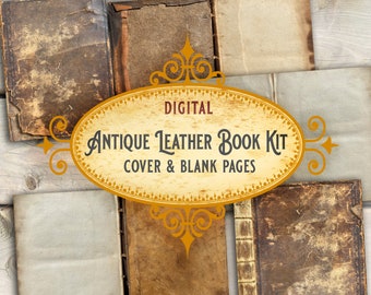 Antique Leather Book Kit, Digital Book Cover, Printable, Scrapbooking Junk Journal, Old Book Cover Supplies, Digital DIY Bookbinding