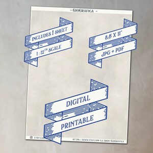 May include: A digital printable on a beige background with blue ribbon banners. The banners read: "Includes 1 Sheet", "1:12th Scale", "8.5 X 11", "JPG + PDF", and "Digital Printable". The Etsy shop name is "- GIOGRAFICA -".