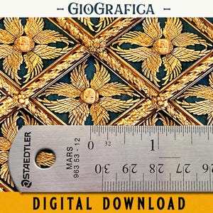 May include: A close-up of a gold and blue patterned ceiling with a ruler measuring 2 inches. The ruler is labeled "Staedtler Mars 963 53-12" and has markings in centimeters. The text "GIOGRAFICA" is visible at the top of the image.