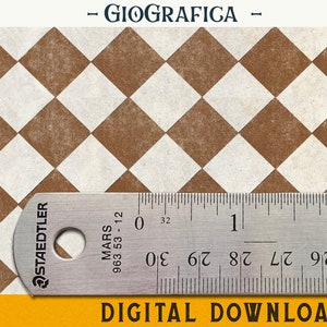 Puede incluir: Patrón de cuadros marrones y blancos con una regla que muestra aproximadamente 5 cm. El texto "- GIOGRAFICA -" está en la parte superior y "DIGITAL DOWNLOAD" en la inferior. La regla está marcada en pulgadas y centímetros.