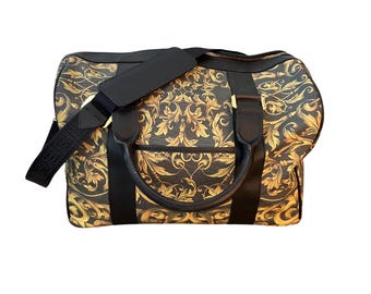 Gianni Versace Black and Gold Baroque Pattern Overnight Bag Authentic Designer Vintage