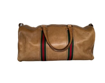 Authentic Gucci Leather Sherry Web Camel Leather Duffle Authentic Designer Vintage