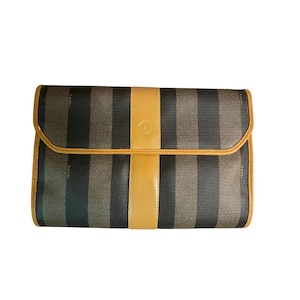 FENDI Vintage Pequin Striped Black Canvas Leather Trim Pouch