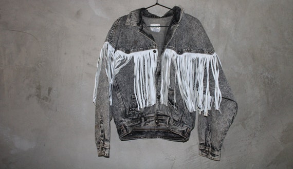 Black and White Leather Fringe Denim Jacket