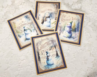 Snowman Christmas Cards, Set of 4, Vintage Snowman Cards, Handmade cards, Holiday cards, Seasonal Cards. chr067