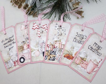 Shabby Chic Pink Christmas Tags, Retro Romantic pink Christmas tags, Vintage Handcrafted. ctg022