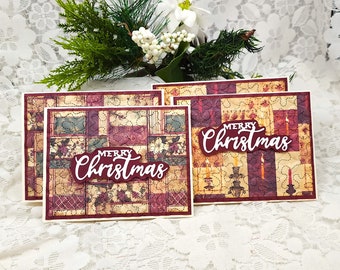 Embossed Patchwork Christmas Card Set of 4 Cards, Christmas Candles, Holly and Berry, Poinsettias, Patchwork Quilted look. chr078