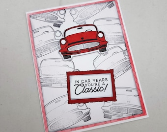 Happy Birthday Classic Car card, Red Car card, Classic car card, Car Birthday card, Vintage card Card.  hb024