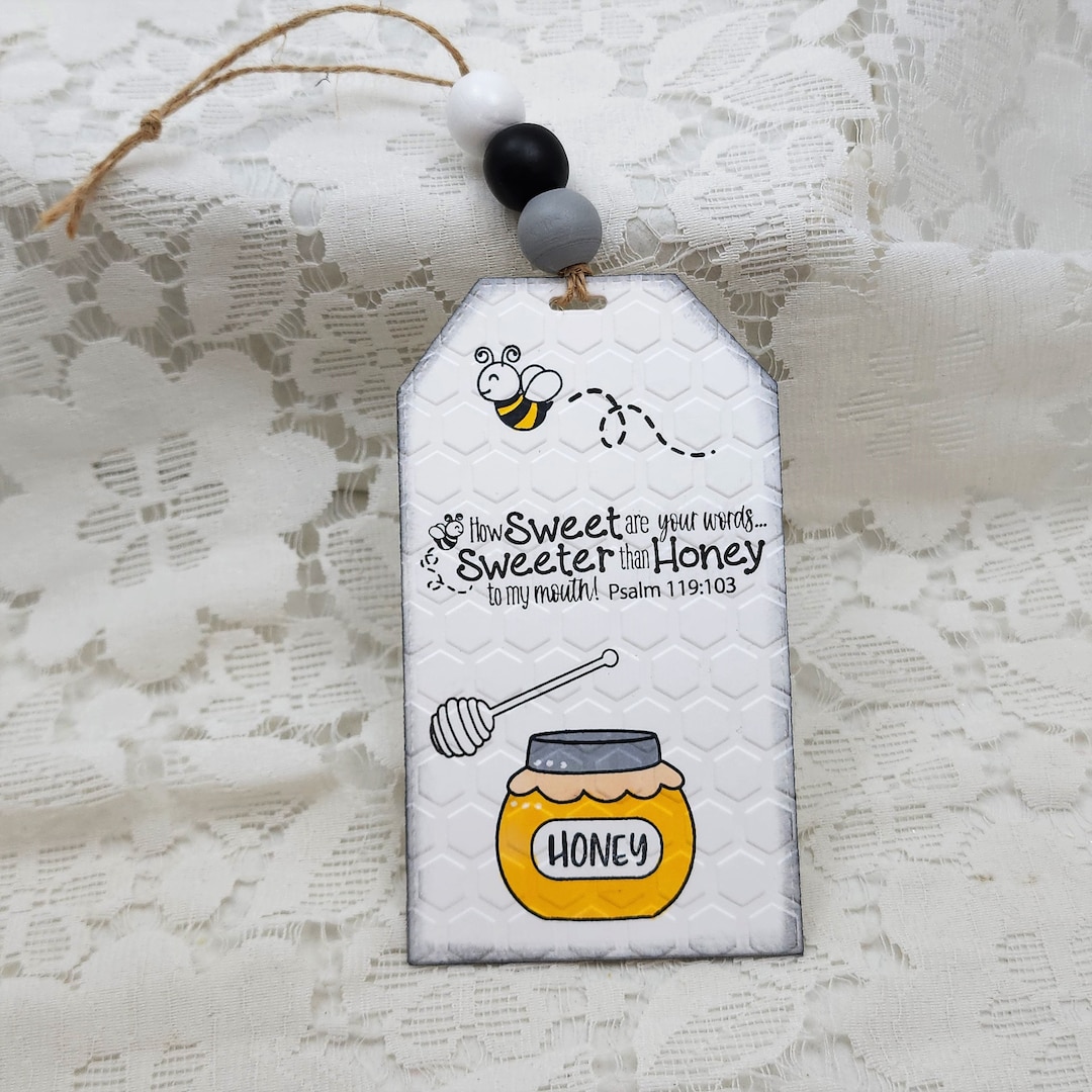 Embossed Honeycomb With Bees and Honey Jar Hand Stamped on Tag