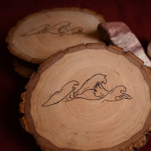 Wood Burned Wave Coasters, Set of 3 Coasters, Wood Burning Art, Drink Coasters