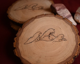Wood Burned Wave Coasters, Set of 3 Coasters, Wood Burning Art, Drink Coasters