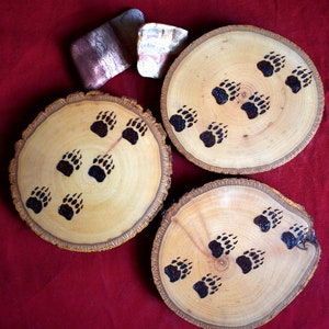 Wood Burned Coasters With A Bear Print Design, Set of 3 Drink Coasters, Handmade Coasters, Pyrography Art Coasters