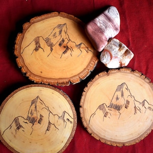 Wood Burned Coasters With A Mountain Design, Set of 3 Drink Coasters, Handmade Coasters, Pyrography Art Coasters