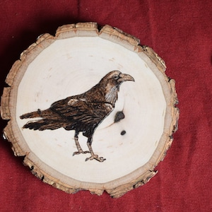 Wood Burned Coaster with a Raven Design, Woodburning Artwork, Pyrography Art Coaster, Crow Art Work, Handmade Coaster