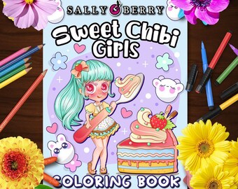 Sweet Chibi Girls Coloring Book 30 Easy Cute Illustrations, Large Prints, Printable Pages for Stress Relief&Relaxation, Instant download PDF
