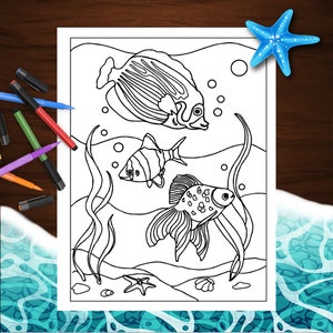 May include: A black and white colouring page featuring three fish swimming in the ocean. The fish are surrounded by seaweed and bubbles. There is a starfish on the ocean floor.