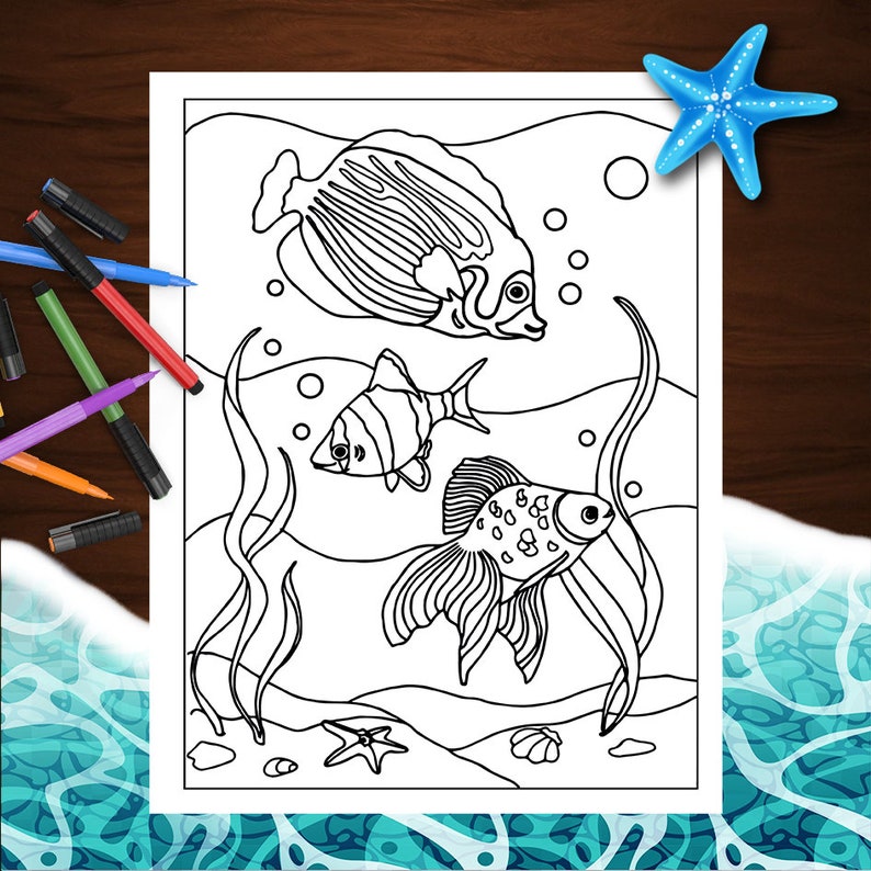 May include: A black and white colouring page featuring three fish swimming in the ocean. The fish are surrounded by seaweed and bubbles. There is a starfish on the ocean floor.
