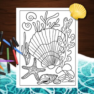 May include: A black and white line drawing of a seashell, starfish, and coral. The seashell is large and has a detailed texture. The starfish has a simple design with five points. The coral is a branching design with small circles.