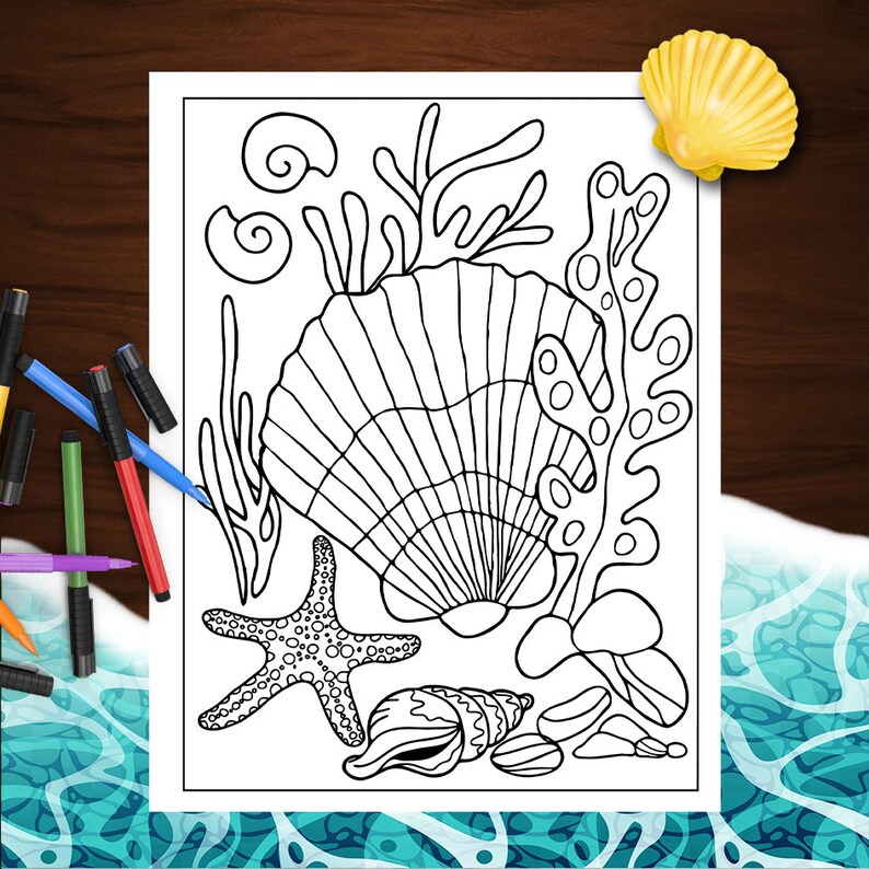 May include: A black and white line drawing of a seashell, starfish, and coral. The seashell is large and has a detailed texture. The starfish has a simple design with five points. The coral is a branching design with small circles.