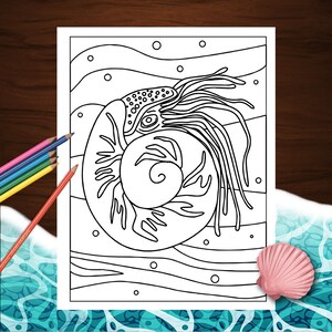 May include: A black and white line drawing of a nautilus shell with tentacles, surrounded by wavy lines and bubbles. This colouring page is perfect for adults and children who enjoy marine life.