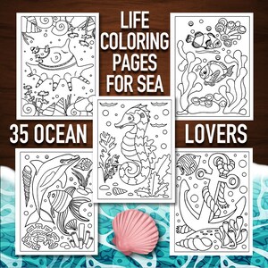May include: 35 Ocean Lovers colouring pages featuring sea life illustrations.  The pages include a seahorse, a dolphin, a fish, an anchor, and other sea creatures.  The pages are black and white and ready to be coloured.
