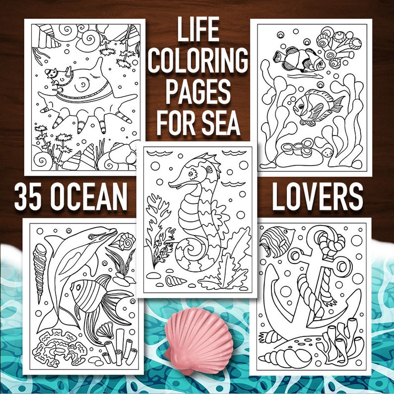 May include: 35 Ocean Lovers colouring pages featuring sea life illustrations.  The pages include a seahorse, a dolphin, a fish, an anchor, and other sea creatures.  The pages are black and white and ready to be coloured.